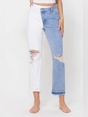 VERVET BY FLYING MONKEY Two Tone White and Light Blue Distressed Straight Jeans